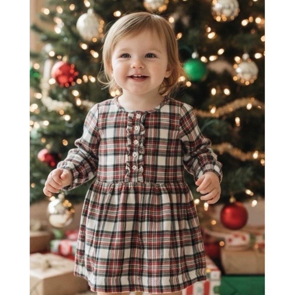 Vintage Gap Kids 3 Girl Christmas Holiday Red Tartan Plaid Flannel Ruffle Dress